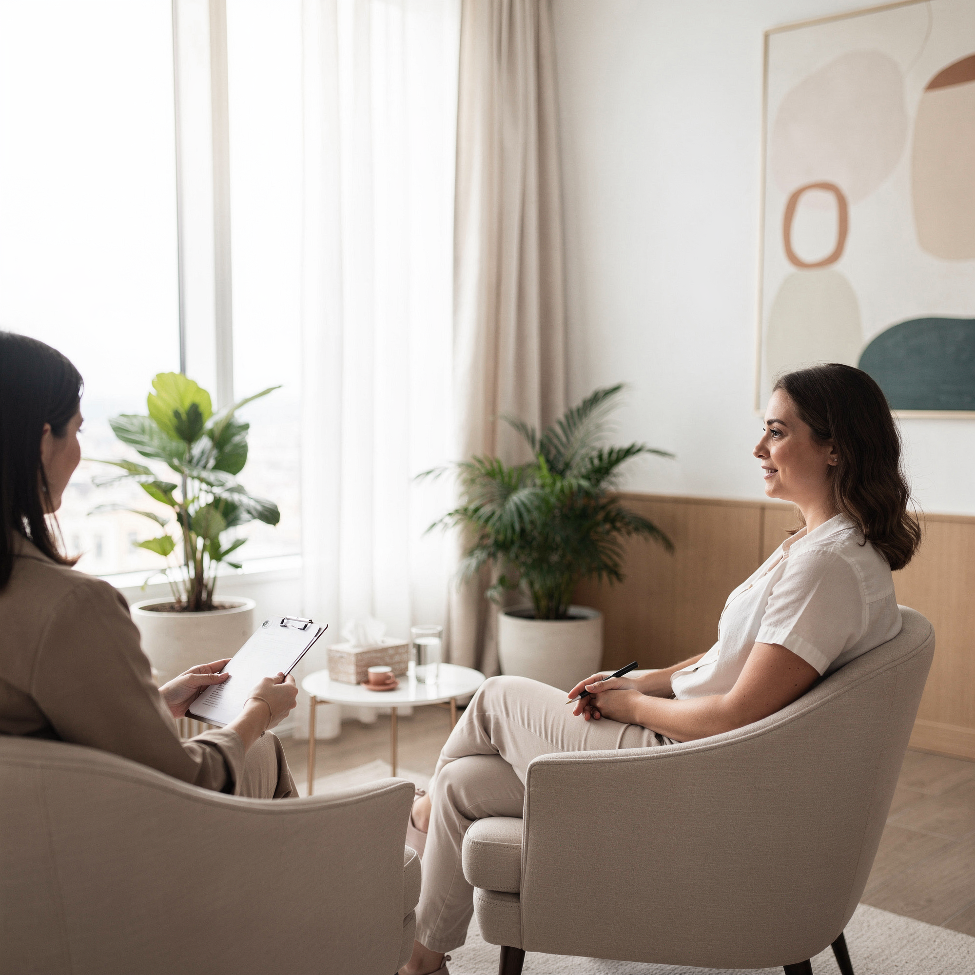 Healthcare provider holding clipboard consulting with patient in modern medical office with plants and natural lighting